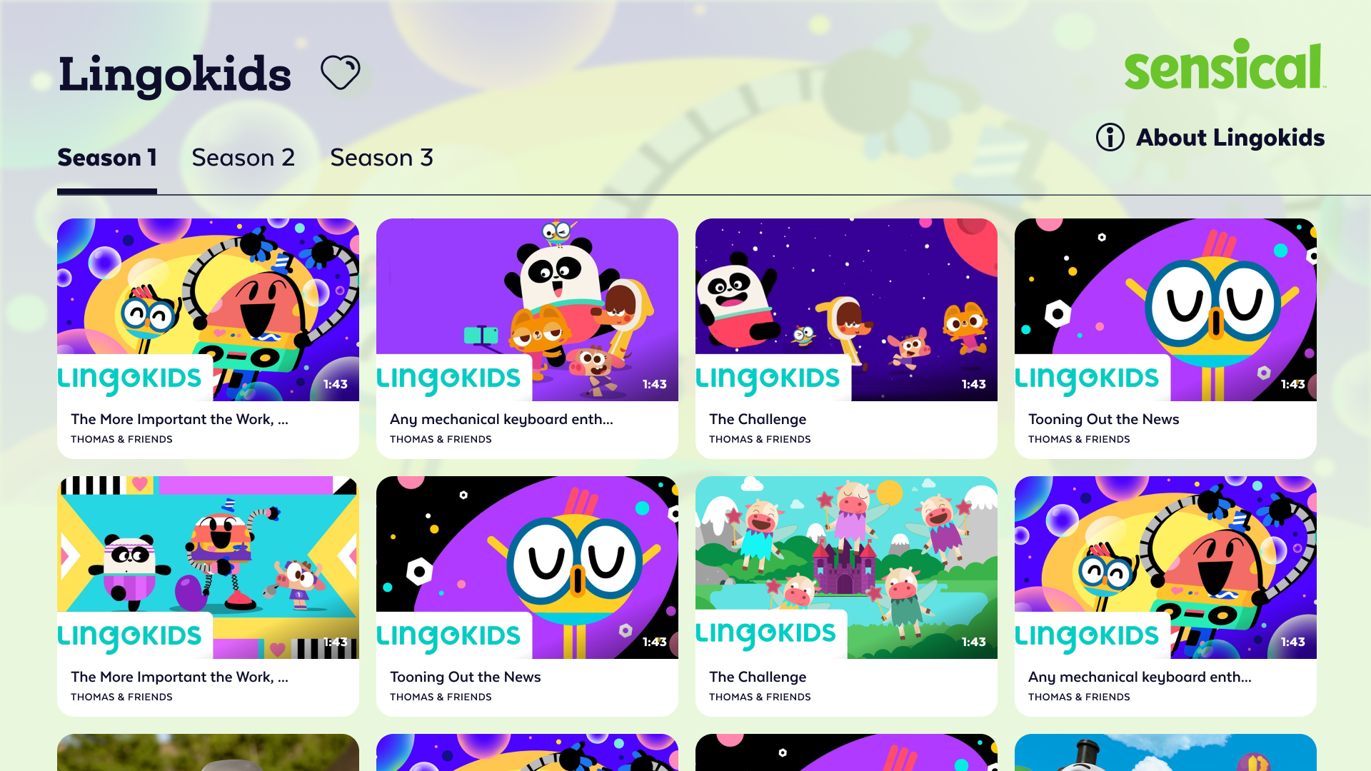 YouTube screen showing thumbnails from Lingokids series featuring colorful animated characters, some with robots and animals, in space and fantasy backgrounds.