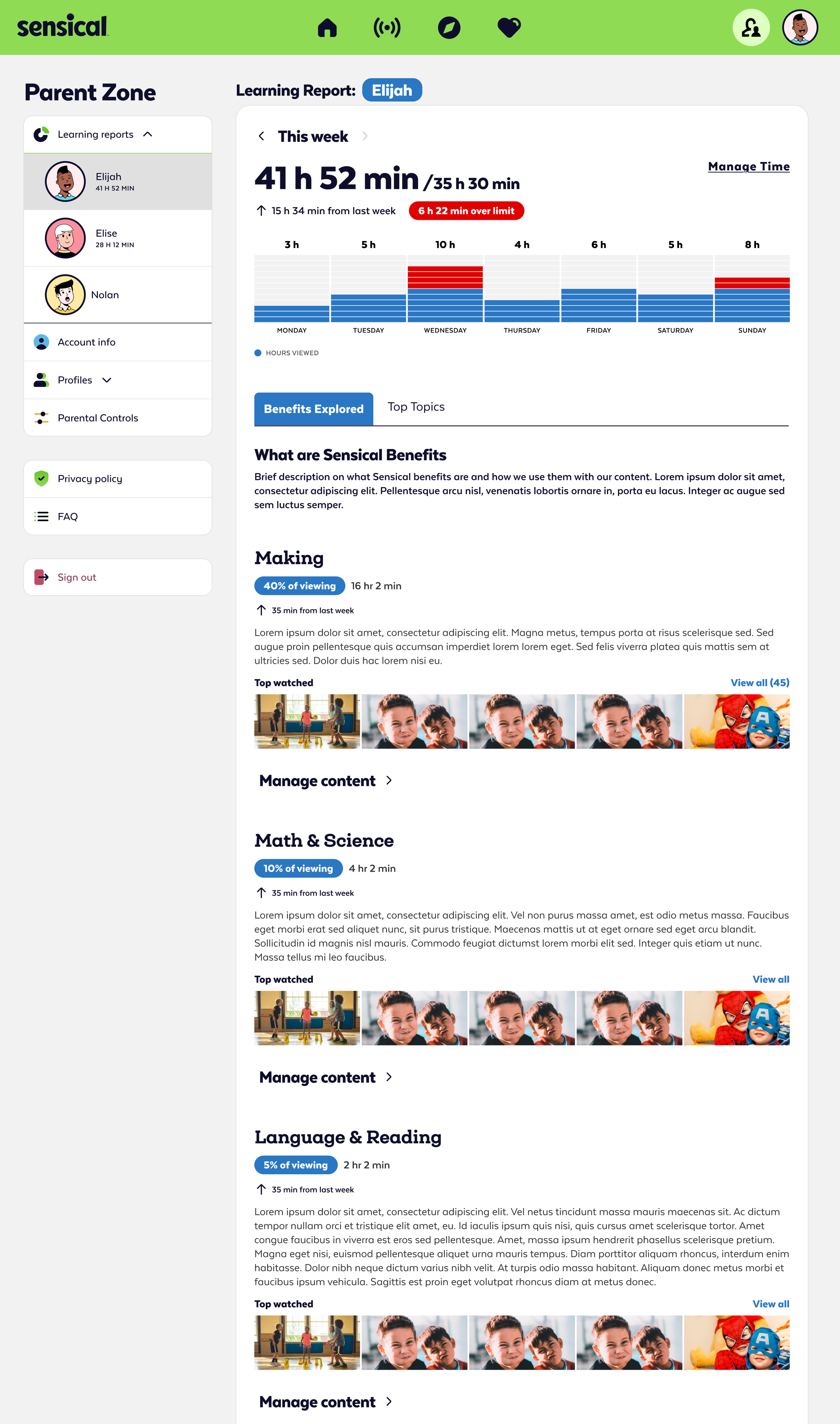 Screenshot of a children's screen time management app showing weekly usage statistics, top watched videos, and available content categories for a child named Elijah.