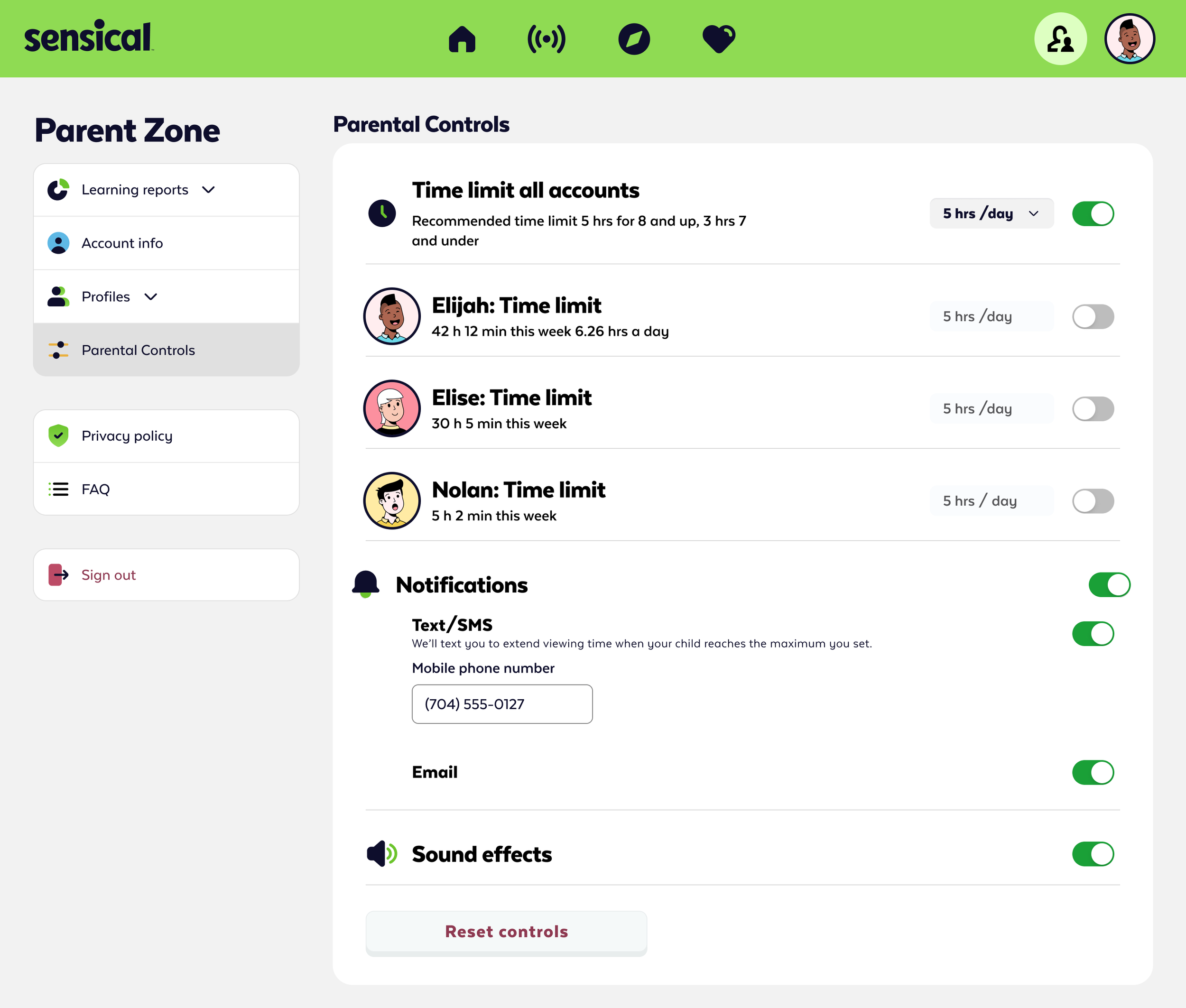 Screenshot of a parental control dashboard on Sensical website, showing time limits, notifications settings, and user profiles for Elijah, Elise, and Nolan, with toggles for daily screen time limits and notification preferences.