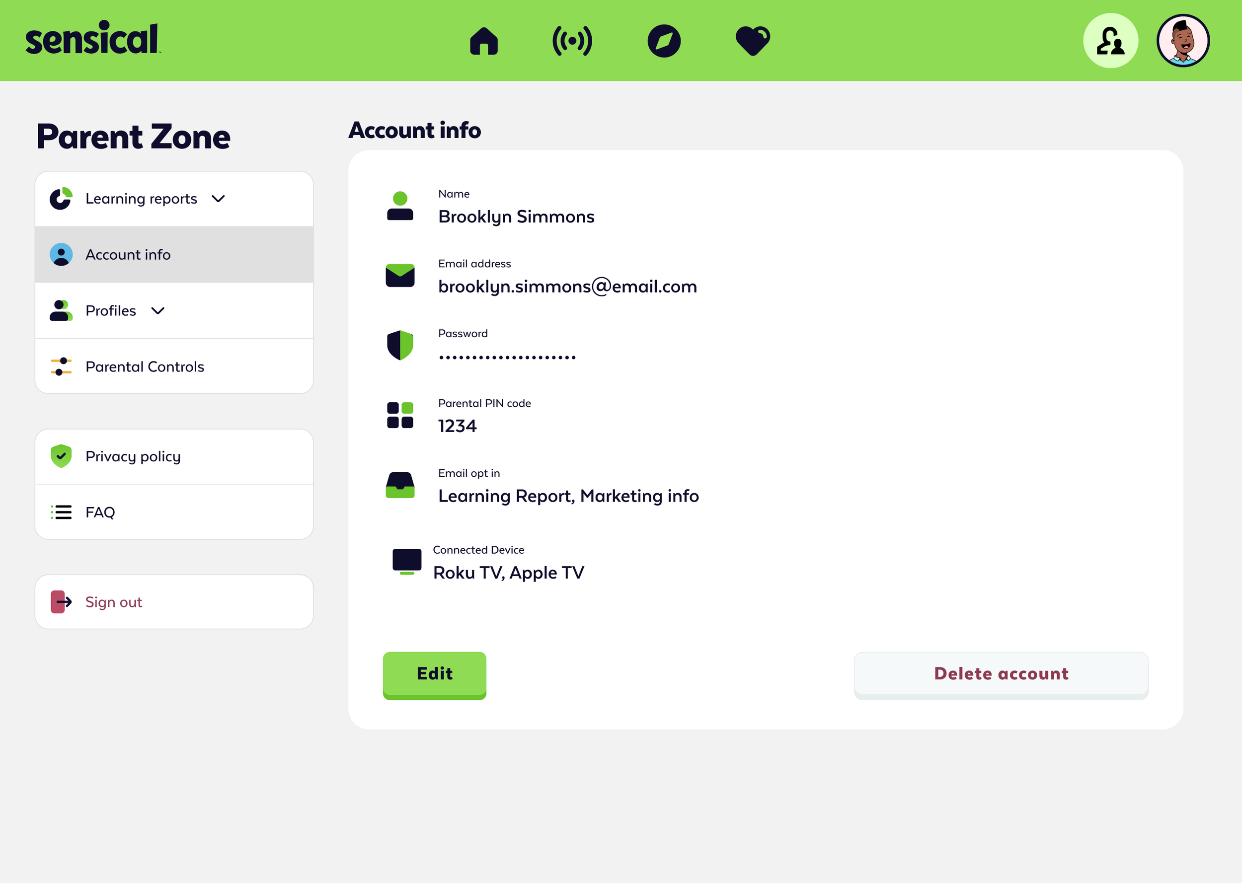 User account page for Brooklyn Simmons showing account information such as email, password, PIN code, email preferences, connected devices, and option to edit or delete the account.