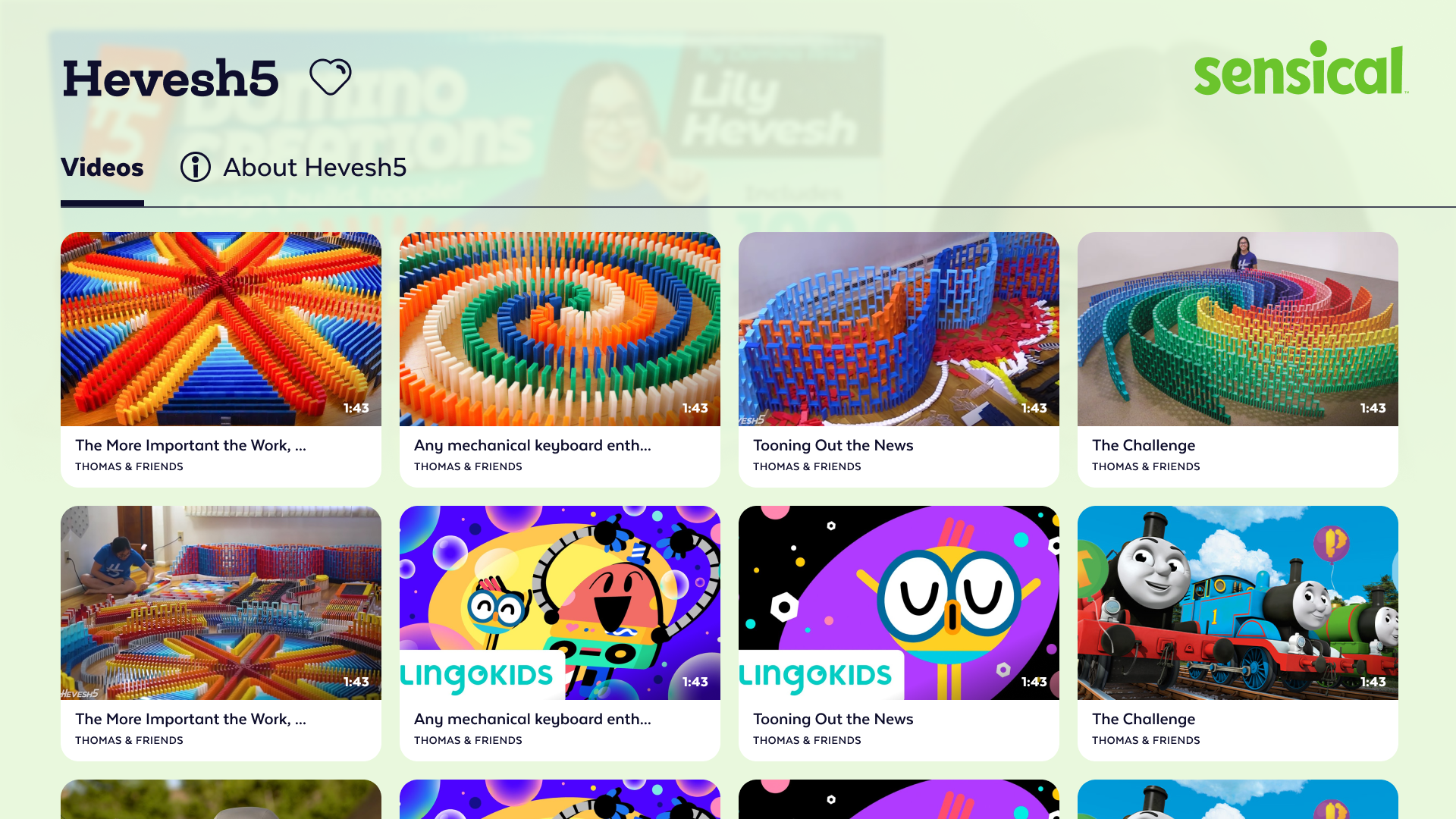 Screenshot of a YouTube channel page for Hevesh5 featuring colorful domino art and animated videos for children.