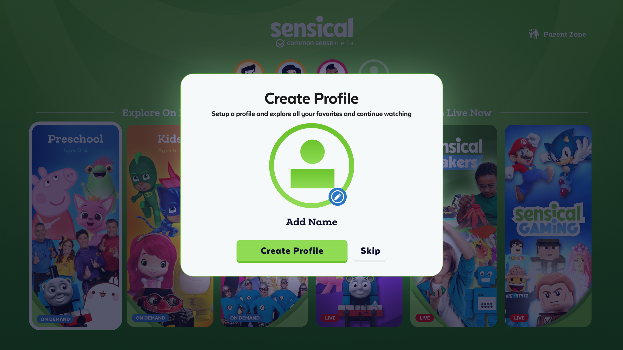 Pop-up window on a streaming platform's homepage prompts user to create a profile with options to add a name, create a profile, or skip. Background shows colorful children's shows on demand and live.