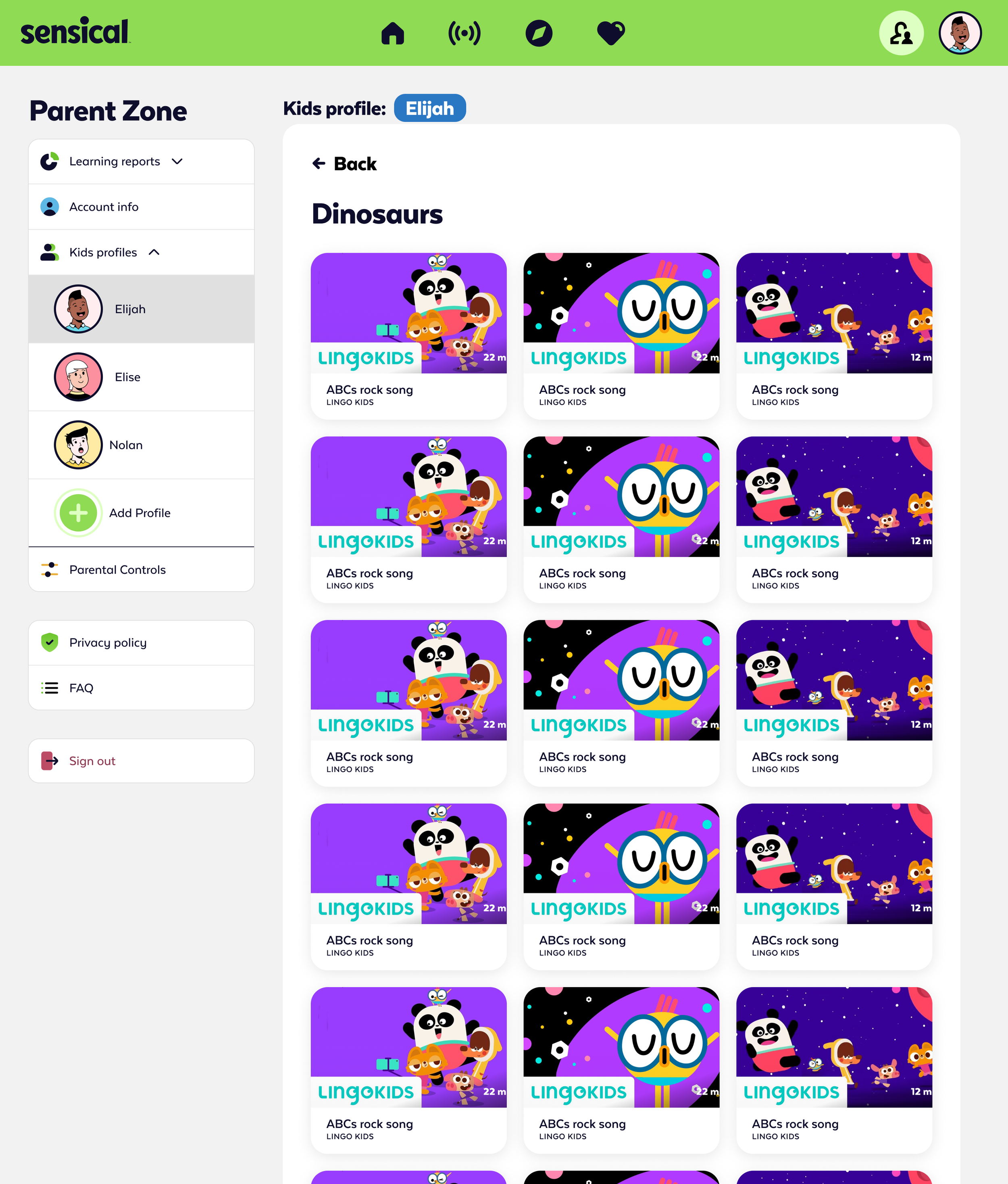 Screenshots of a kid's app profile page showing a collection of digital content labeled 'Dinosaurs,' including colorful animated images of cartoon dinosaurs, space-themed backgrounds, and a small part of the app's interface with menu options on the l