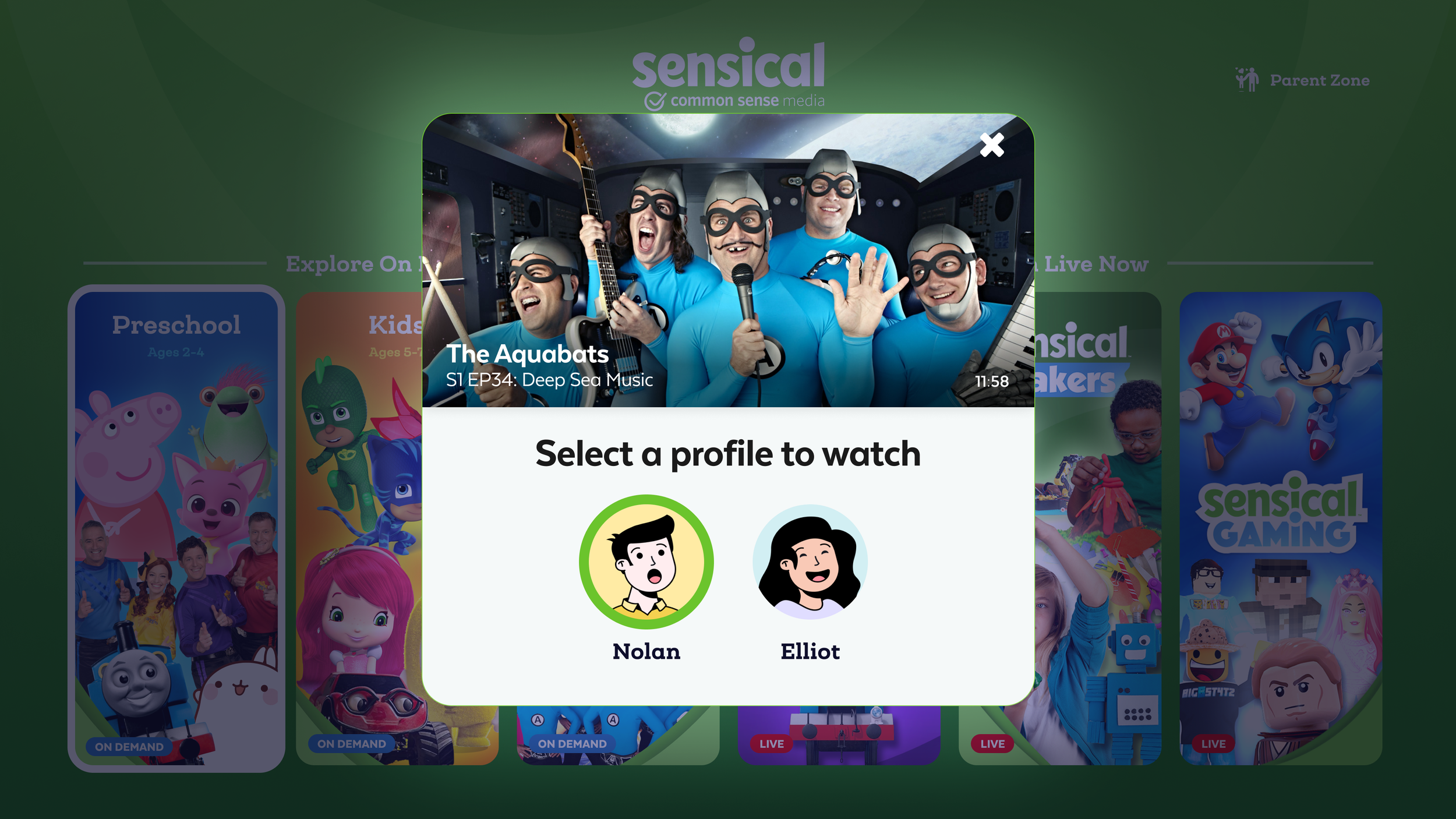 Pop-up on streaming platform prompting user to select a profile, with options for Nolan and Elliot, in front of a background featuring children´s shows and characters.