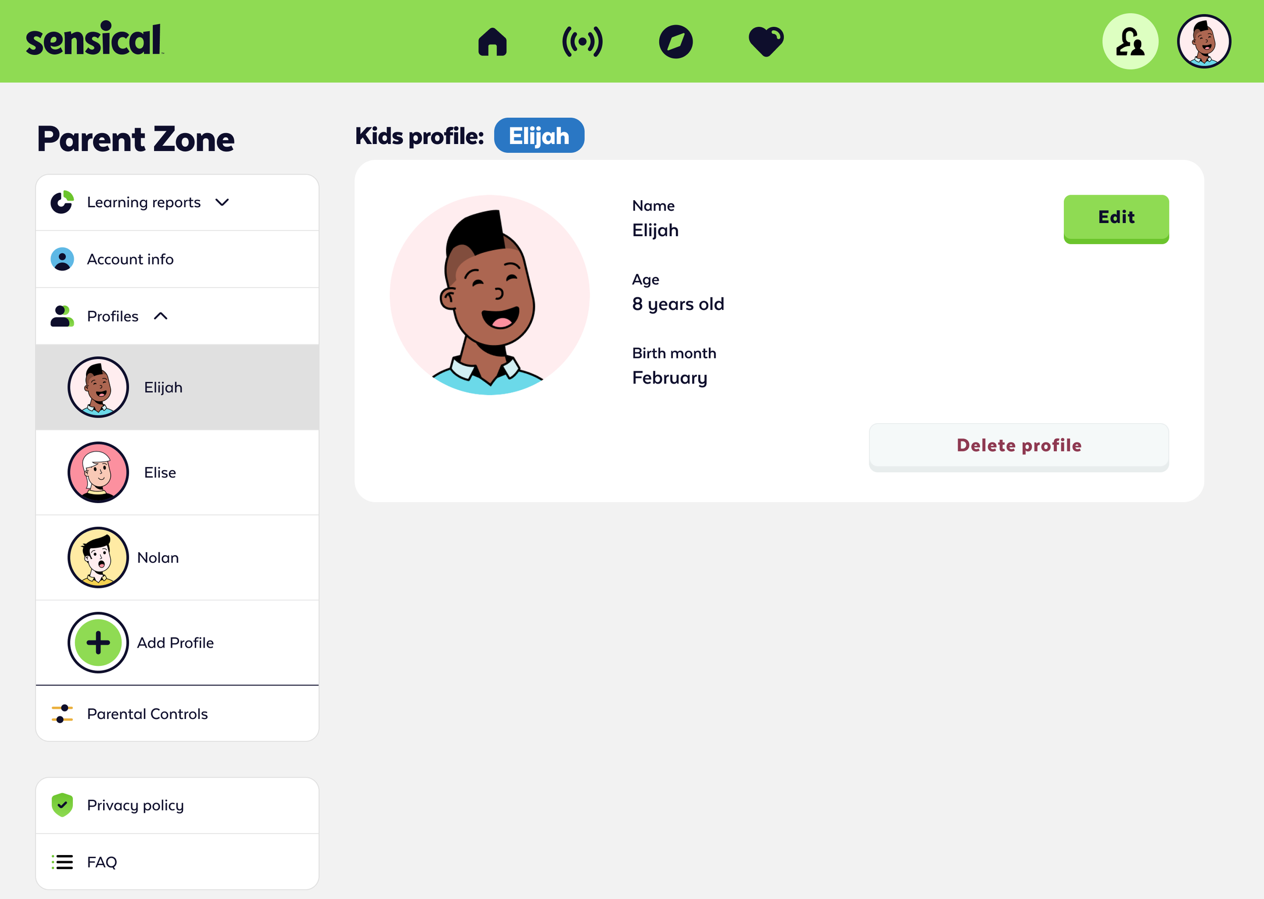 Screenshot of a kids' profile page from the Sensical app displaying Elijah's profile with an illustration of a smiling boy with dark skin, short black hair, and wearing a light blue shirt. The page includes Elijah’s name, age (8 years old), and birth