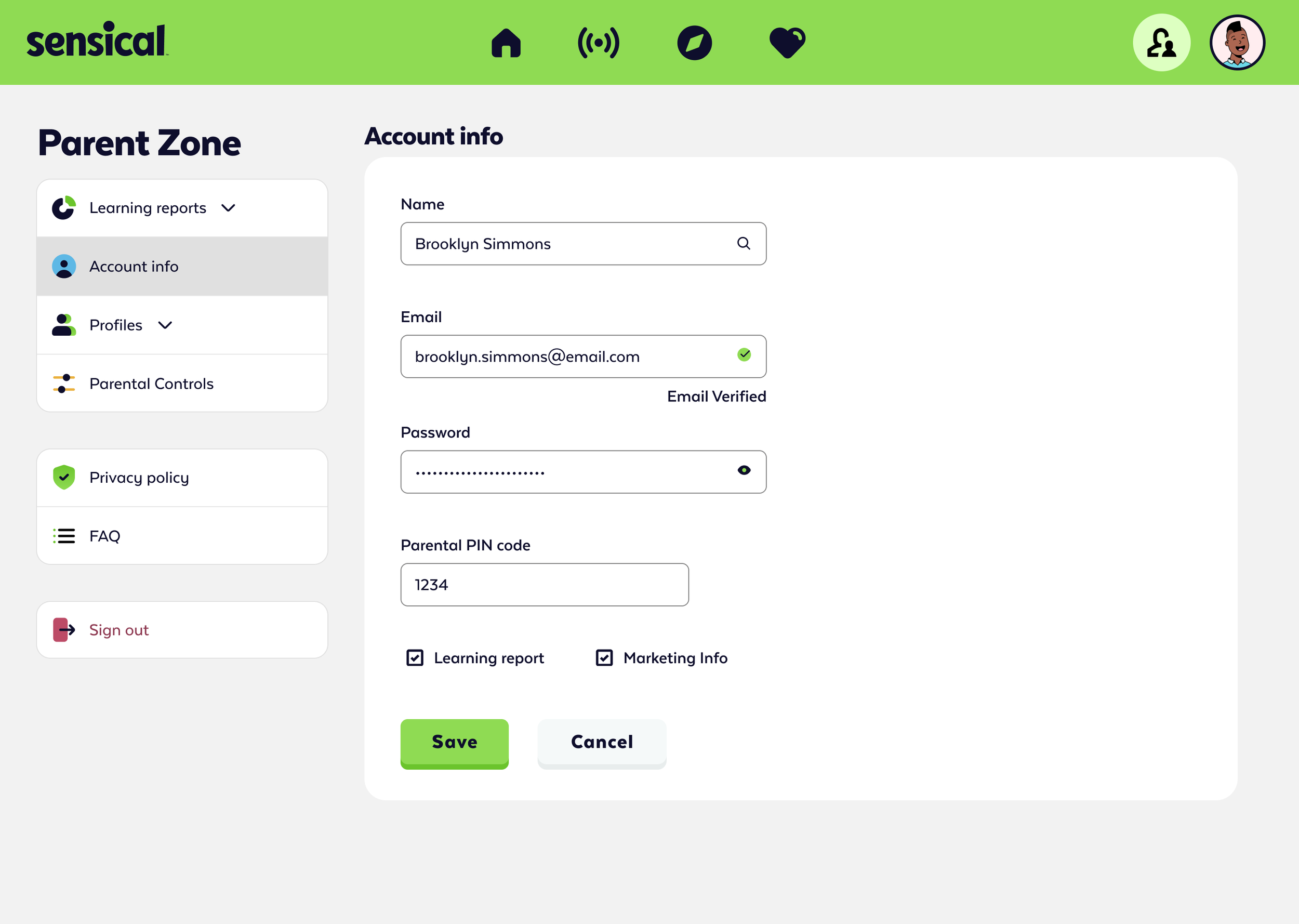 Screenshot of a user account settings page with the name Brooklyn Simmons and email brooklyn.simmons@email.com, showing account info, parental controls, and options to save or cancel changes.