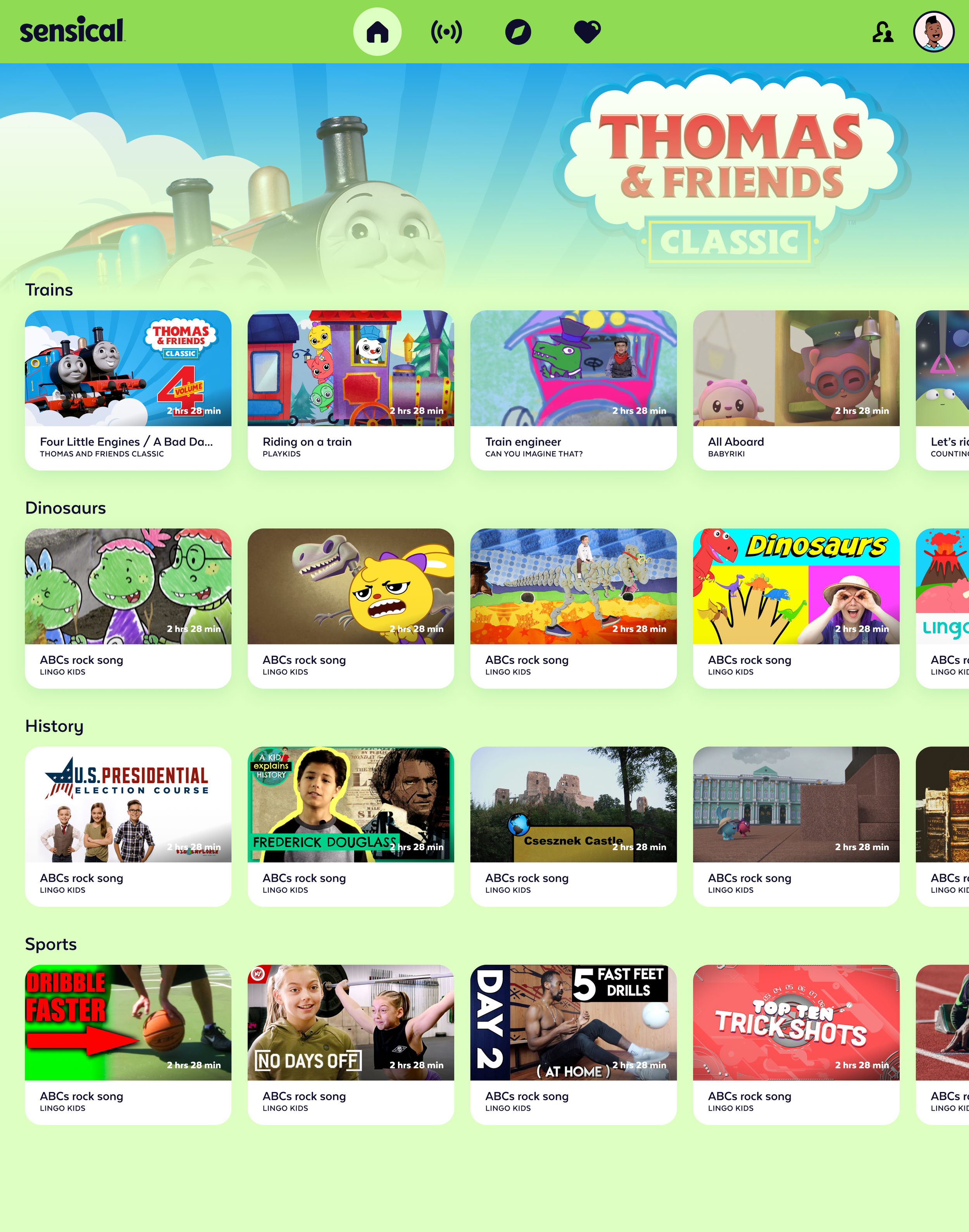 Screenshot of a children's educational app with categories for trains, dinosaurs, history, and sports, featuring videos and interactive activities.