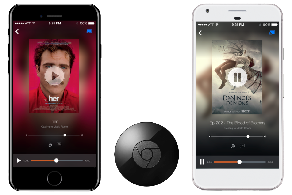Two smartphones are connected wirelessly to a Chromecast device in the center. The phone on the left displays a streaming app with a poster for the TV show "Her", and the phone on the right displays a streaming app with a poster for "Da Vinci's Demons."