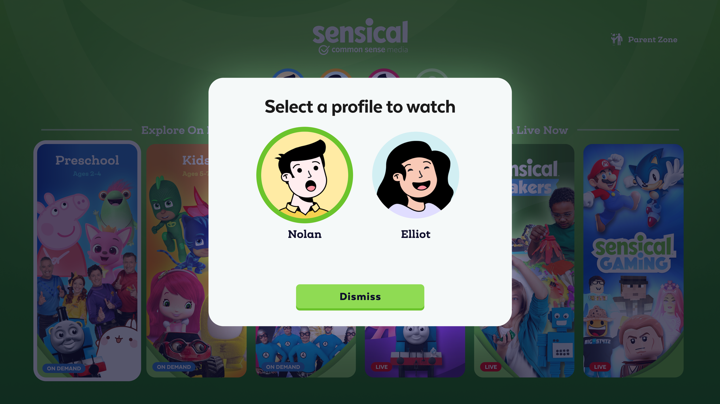 Pop-up window on streaming service website with options to select a profile; cartoon illustration of a boy named Nolan on the left, a girl named Elliot on the right; green Dismiss button below.