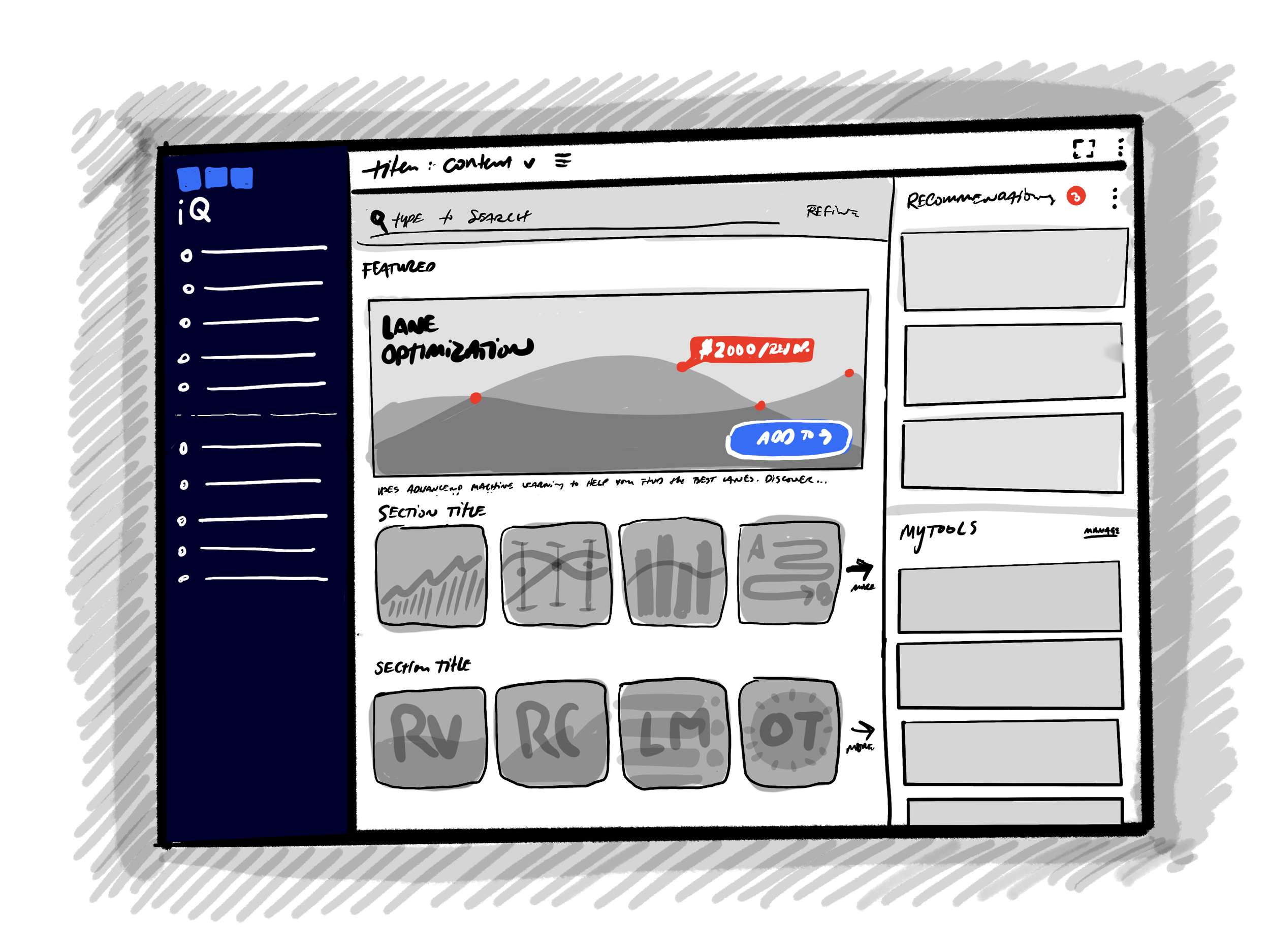 Sketch of a digital interface with various charts, icons, and text elements related to content management, including a sidebar, graphs, and tools sections.