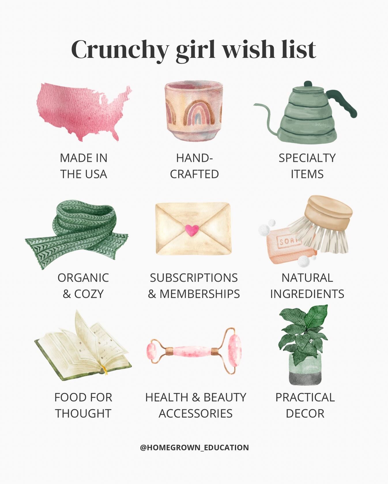 These are my *guiding principles* for my wish list this year:

MADE IN THE USA&mdash;love supporting our homeland 🇺🇸 
HAND CRAFTED&mdash;makes items extra special knowing they&rsquo;re truly one-of-a-kind
SPECIALTY ITEMS&mdash;like a fancy new espr