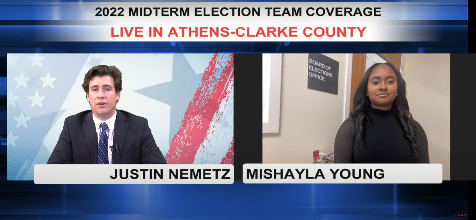 Two Box from Grady Newsource’s coverage of the 2022 Midterm Election. The shot on the right is a zoom feed from the field. Click Here To Watch The Show.