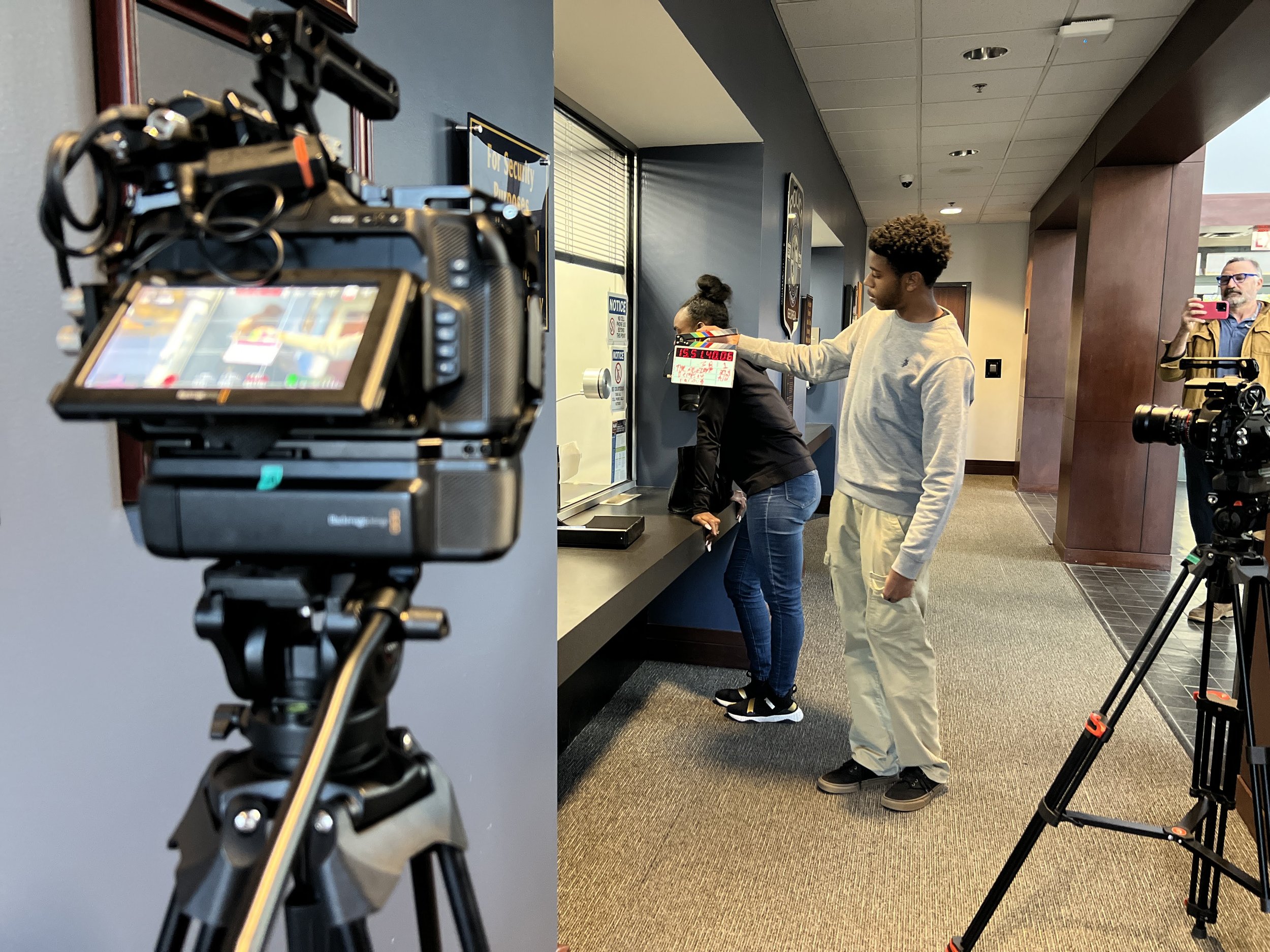   Eric makes sure the slate is visible for both cameras.  