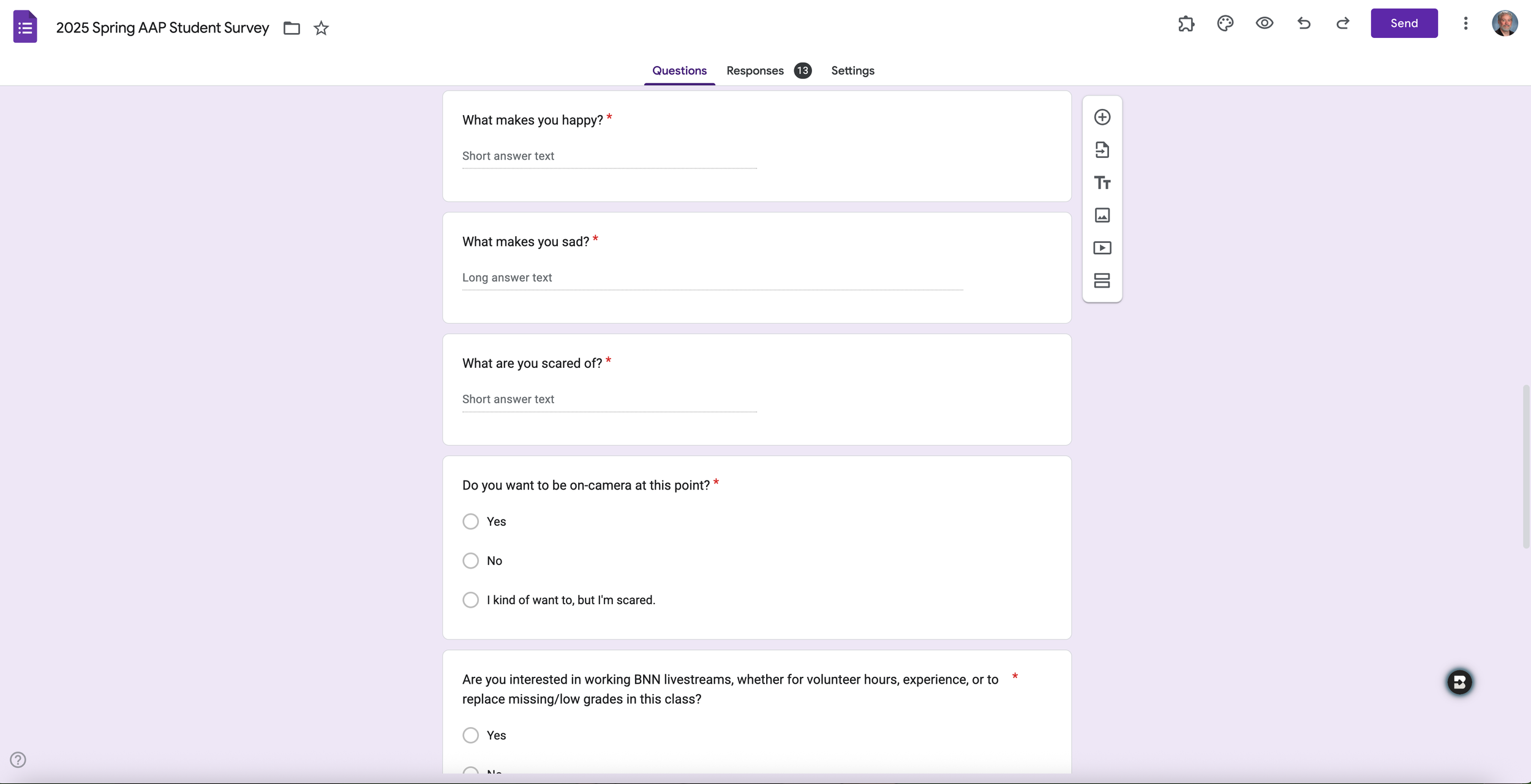 Surveying students casually at the beginning of the semester is helpful for knowing the kids and having a quick way to get them used to my LMS structure and expectations.