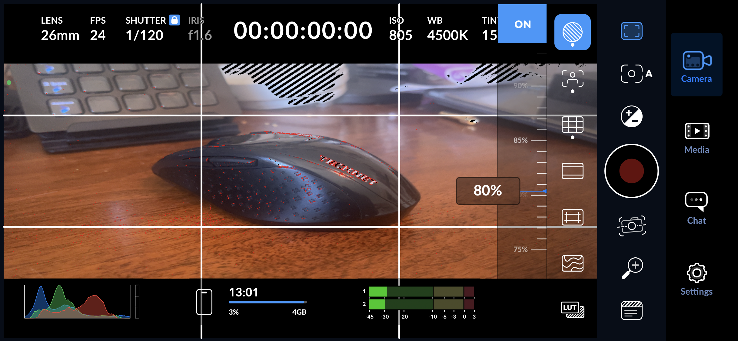  Screen capture of the Blackmagic Camera app showing focus assist and zebra stripes/controls.  
