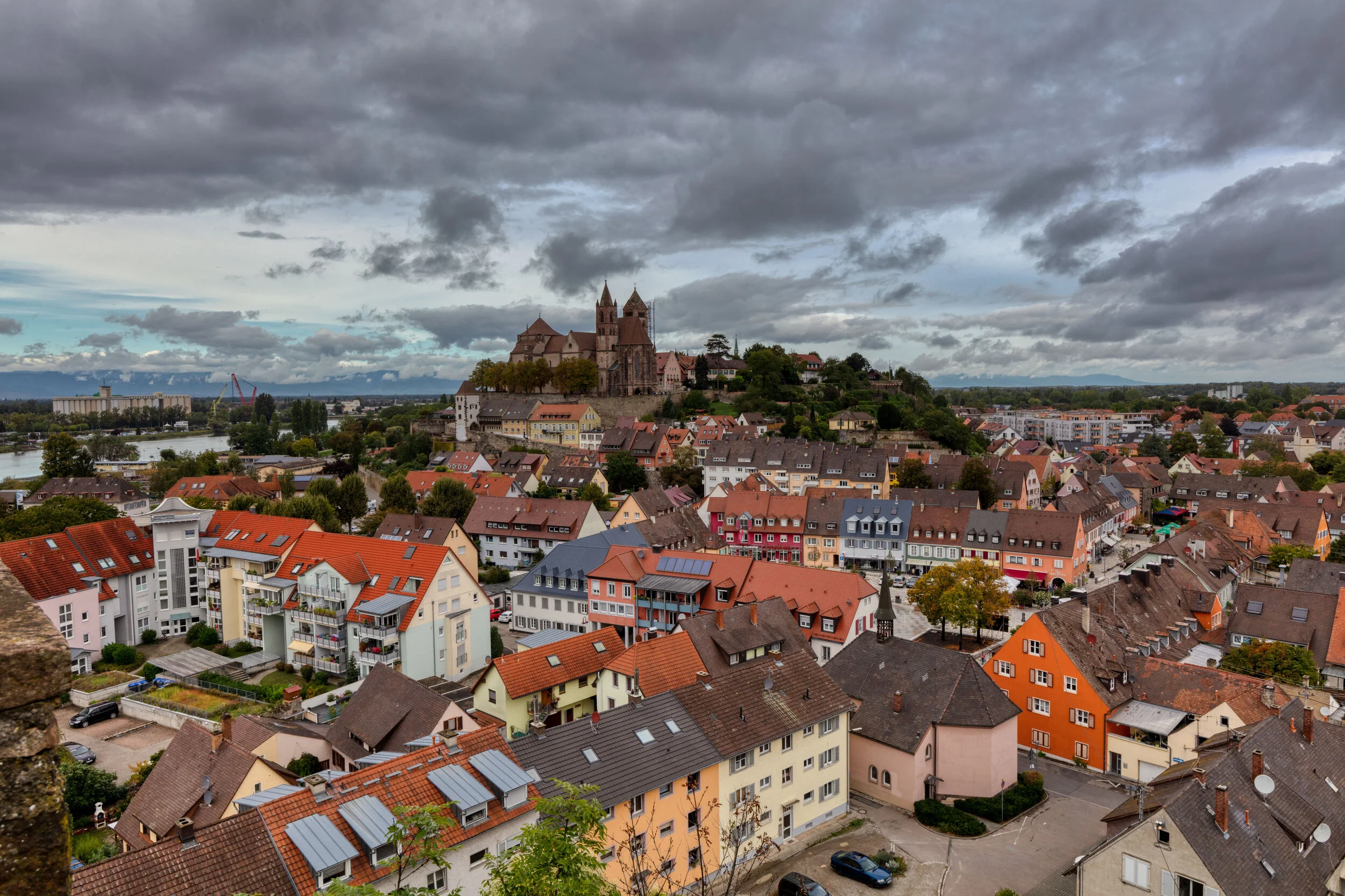 panoramic view of Breisach am Rhein, a historic town situated on the Rhine River in Baden-Württemberg, Germany