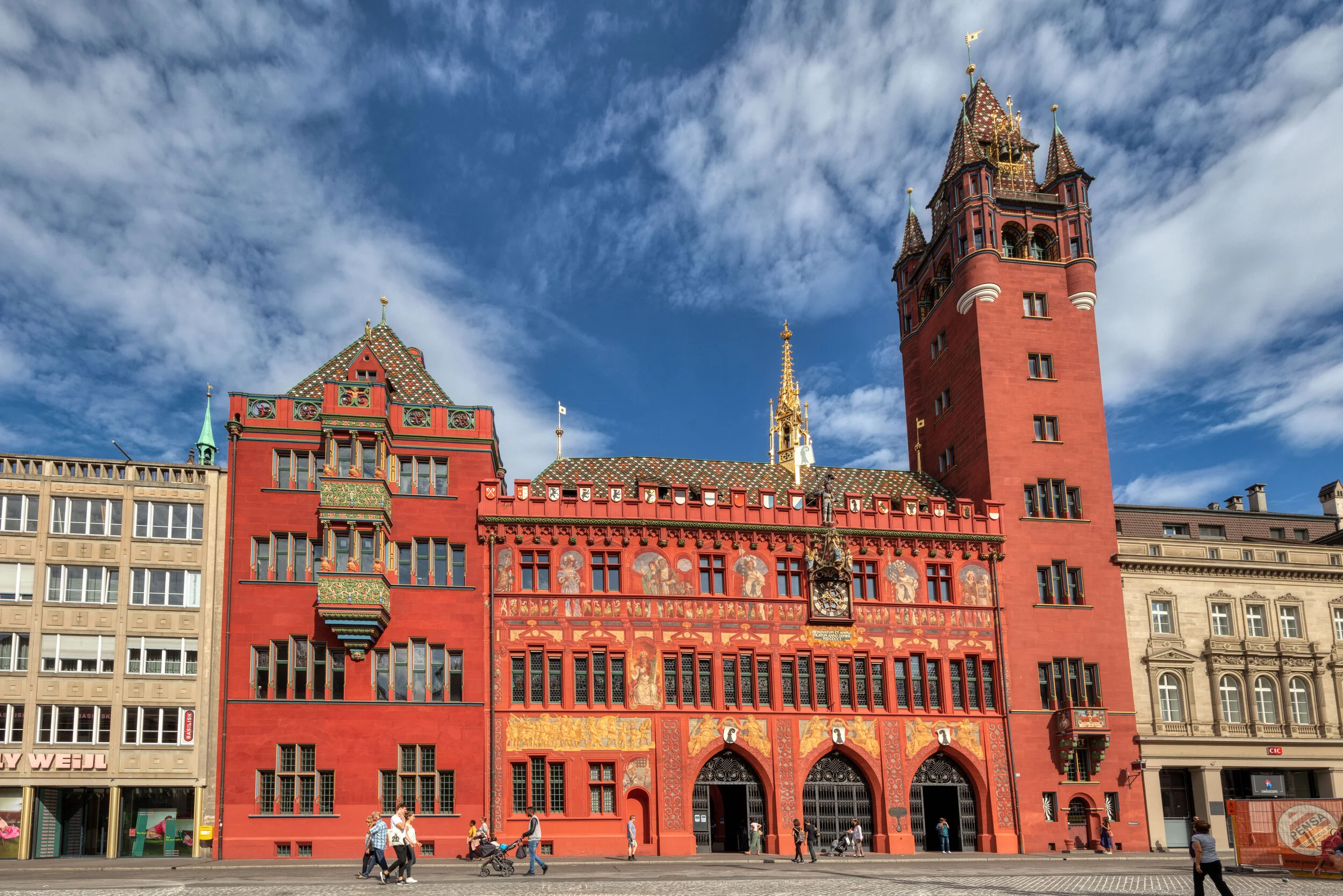 Basel Town Hall (Rathaus), a striking and historic building located in the Marktplatz of Basel, Switzerland