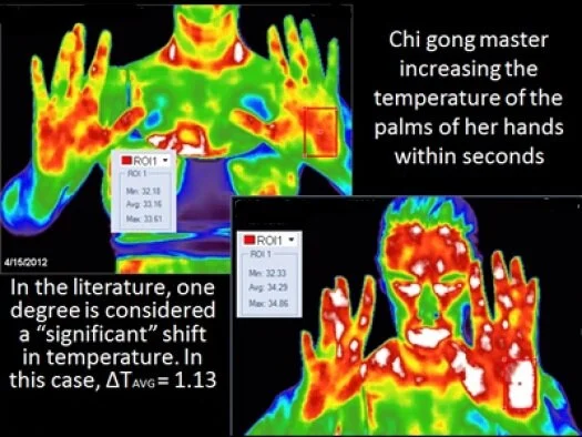Thermal measurements of the hands of a chi gong master before and after intending to project chi or energy from the hands. One degree shift in temperature is considered significant in medical research (Schipke, 2013).