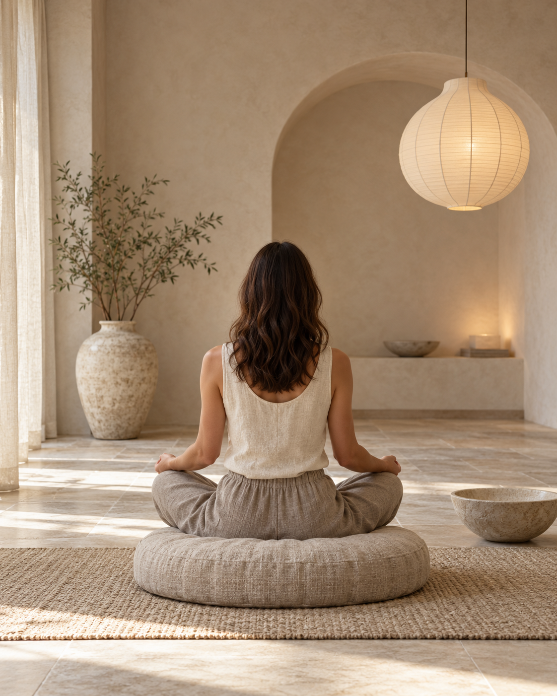 Woman meditating with her back to the viewer in a calm, neutral-toned room