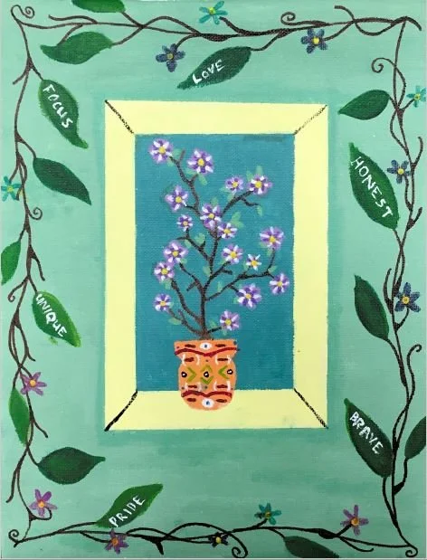 A painting of a small potted plant with purple flowers framed by vines and leaves, each leaf inscribed with words like “Honest” and “Unique.”