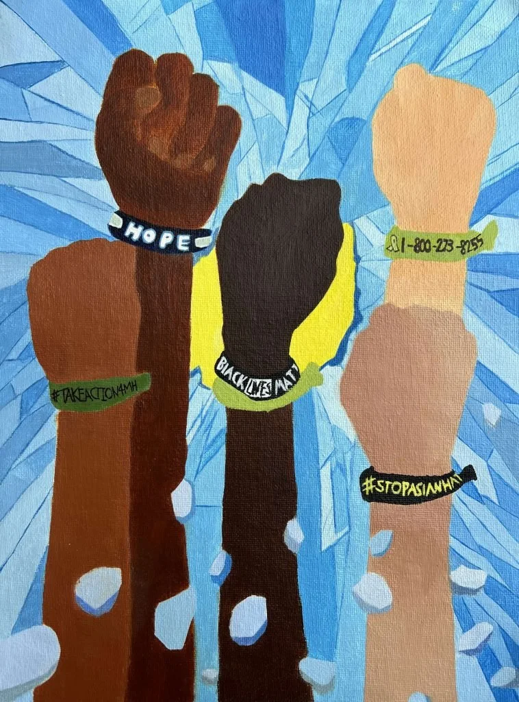 A painting of four raised fists of different skin tones wearing wristbands with phrases like “Hope,” “Black Lives Matter,” and “#StopAsianHate” on a bright blue radial background.