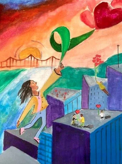 A figure floats above city rooftops holding a green awareness ribbon tied to a red heart-shaped balloon, set against a vibrant sky with a setting sun and a bridge in the background, symbolizing hope, support, and mental health awareness.