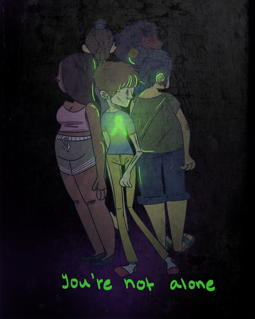 An illustration of five people standing close in a circle with their backs turned, a soft green light glowing from their chests against a dark background.