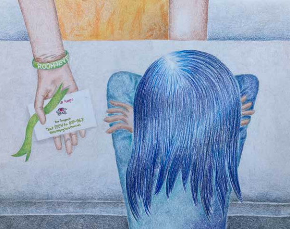 A person with long blue hair sits with their head down, while another hand reaches out holding a crisis hotline card and a green awareness ribbon, symbolizing offering help and support.