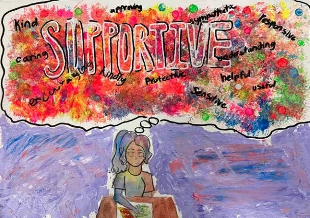 A young person sits at a desk with a thought bubble above them filled with the word “SUPPORTIVE” surrounded by colorful, hand-painted words like “kind,” “caring,” “encouraging,” and “helpful,” expressing values of a better society.