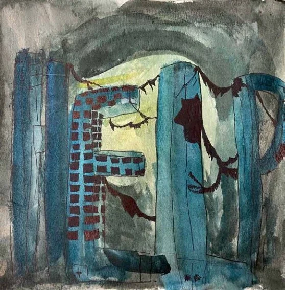 The word “HELP” is painted in large, crumbling blue letters, resembling abandoned buildings. A bright light shines from behind, illuminating the dark, decayed cityscape and broken power lines.