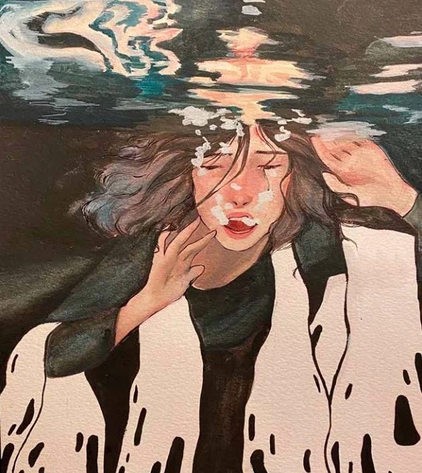 A girl is shown underwater, her mouth open as if speaking, with white abstract shapes pulling her down. The water’s surface reflects distorted light, symbolizing the struggle of expressing oneself when words feel drowned out.