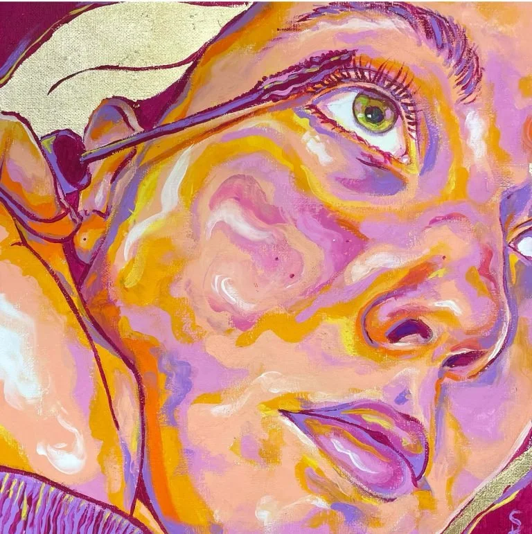 A vivid close-up painting of a person's face with expressive brushstrokes in shades of pink, orange, and yellow, showing a reflective gaze.