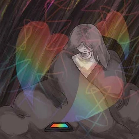 A grayscale figure sits hunched over in a dark space, illuminated by colorful heart shapes emerging from a small phone screen. The rainbow-colored hearts contrast with the dull surroundings, symbolizing emotional support from online communities.