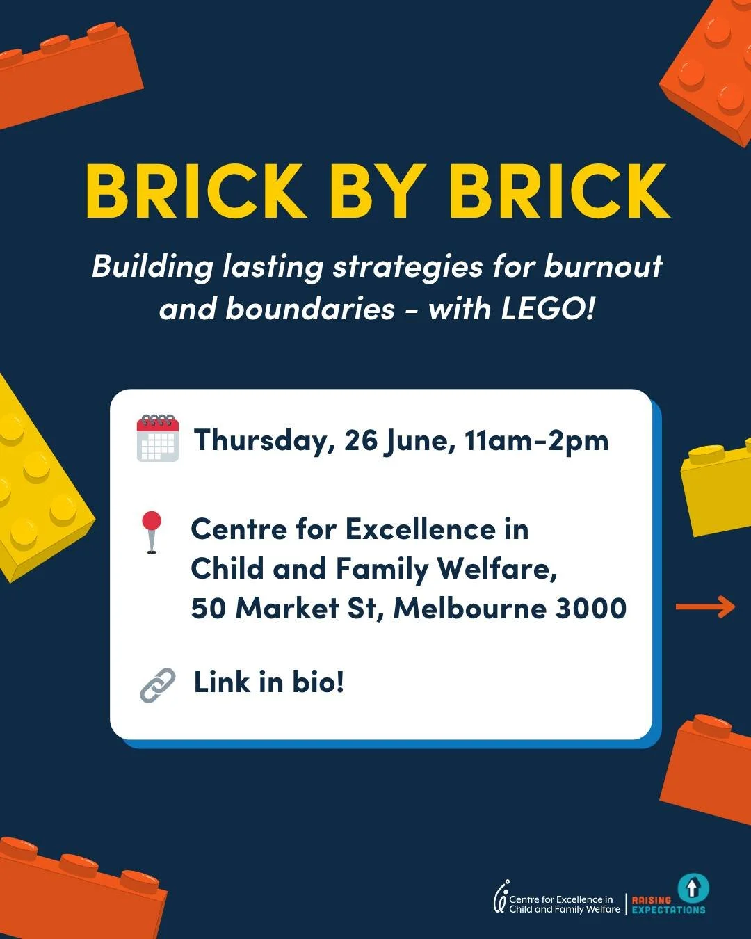 Do you ever feel like life is piling up a bit too fast? You're not alone - and we've got a creative way to help!

Brick by Brick is a hands-on workshop where you'll use LEGO (yes, actual LEGO!) and reflection to help with:

🧱 Spotting burnout early

