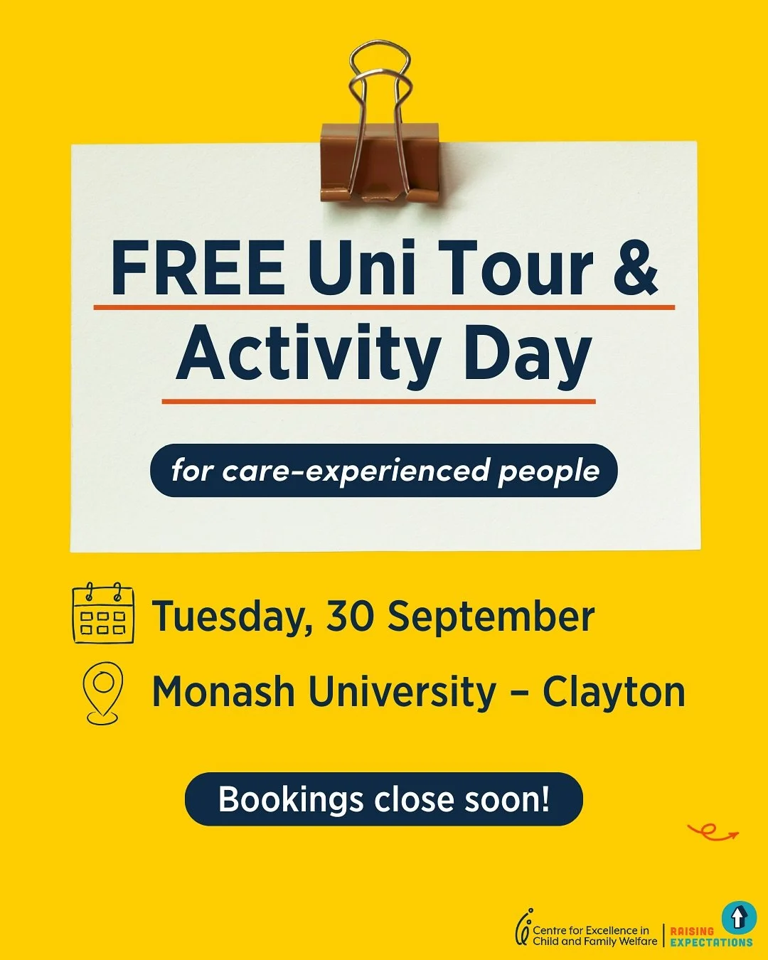 Monash Student Experience Day for Care-Experienced Students!
&nbsp;
🗓️ Tuesday 30 September | ⏰ 10:30am&ndash;3:30pm
📍 Monash University, Clayton Campus
&nbsp;
Are you care-experienced and keen to explore tertiary study?
Come along for a fun FREE d