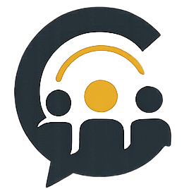A stylized logo featuring two human figures, a speech bubble, and a central yellow circle with curved lines above it, suggesting communication or a conference setting.