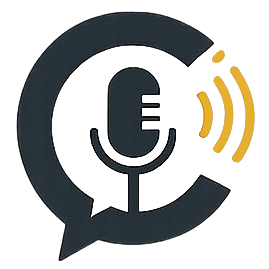 Icon of a microphone inside a speech bubble with sound waves emanating from it.
