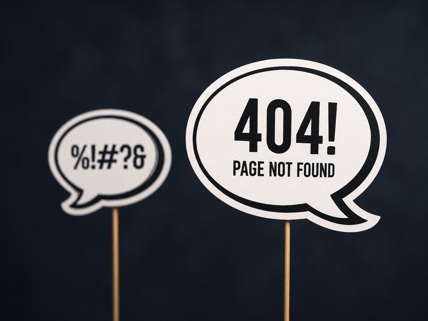 Two speech bubbles; one reads '404! PAGE NOT FOUND' and the other contains symbols '%!#?&' indicating error or confusion.