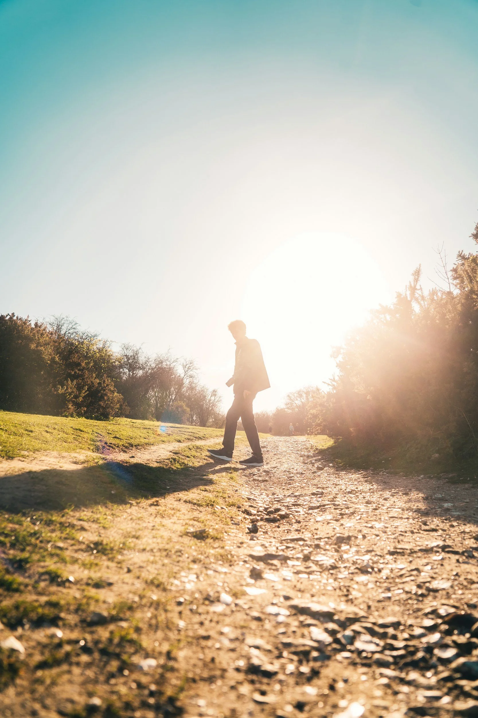 A person walking on a dirt path in a park with trees on either side and the sun shining brightly overhead.