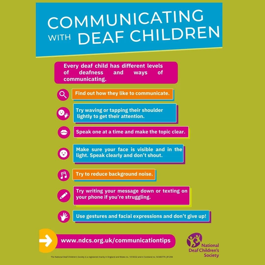 We are celebrating Deaf Awareness Week (6 to 12 May 2024) with the aim of making everyday life more deaf-friendly for children and young people.

The NDCS has some amazing tips, videos and resources to download  which are great for parents, teachers 
