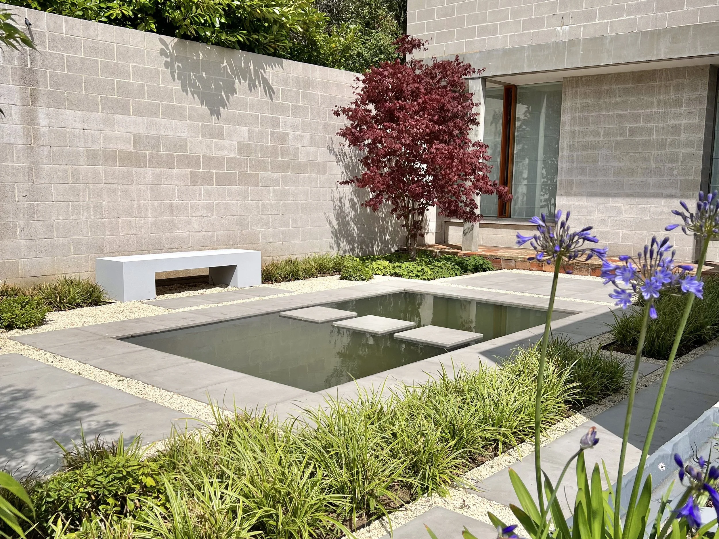 Modern backyard with a large pond, concrete block walls, a red-leafed tree, purple flowers in the foreground, and a beige bench.