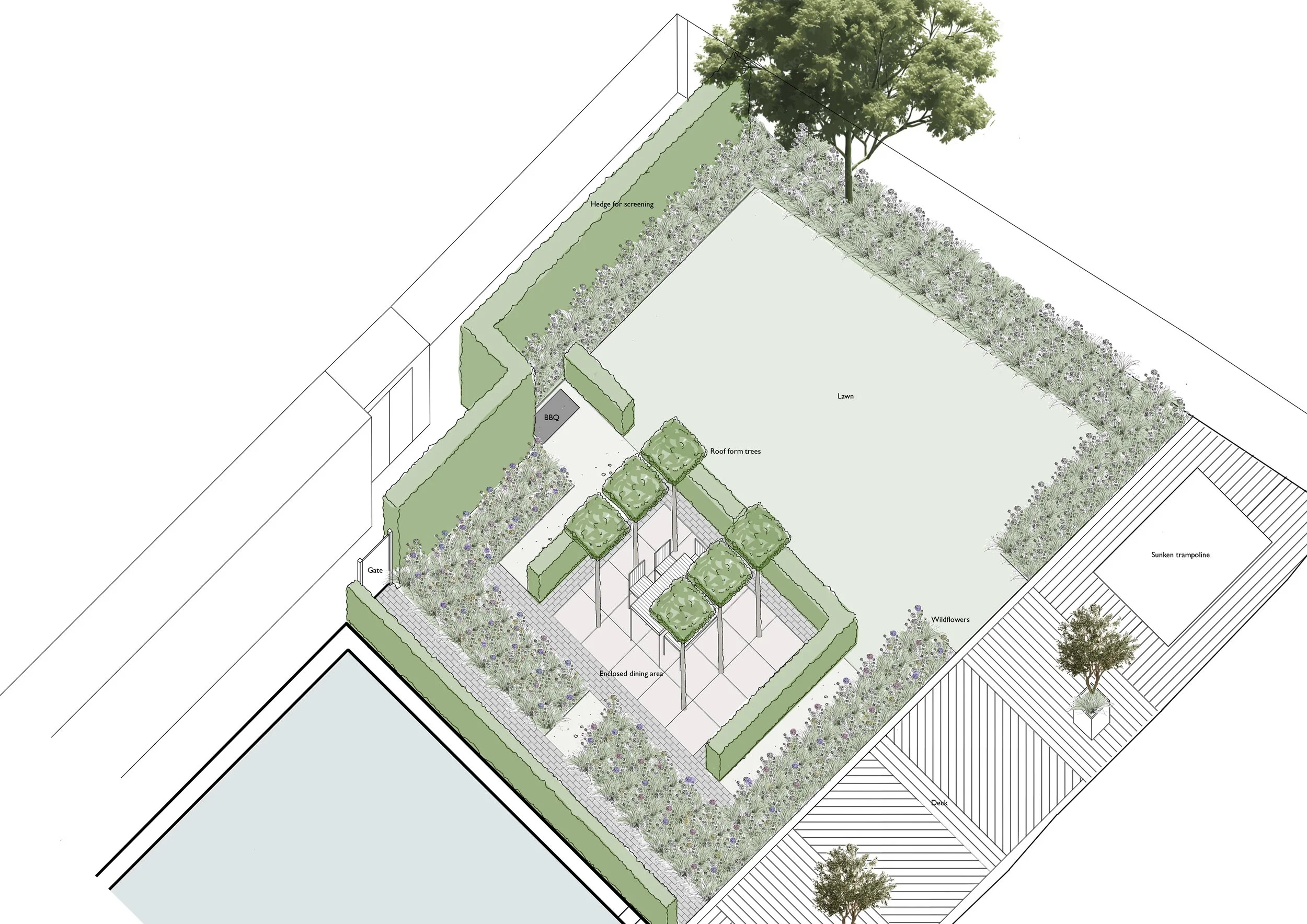 Elevation of dining area with parasol trees