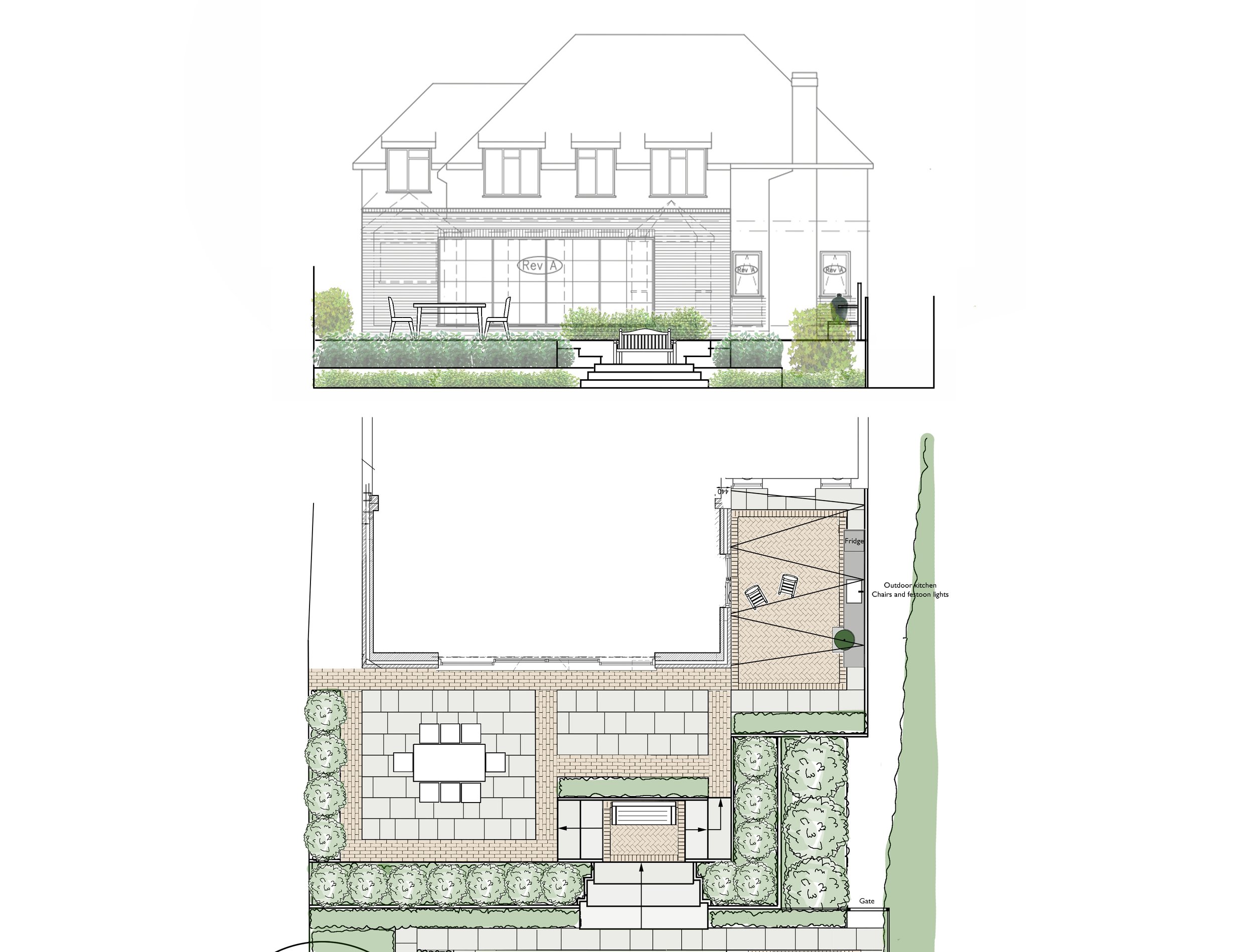 Master plan view of terrace and elevation