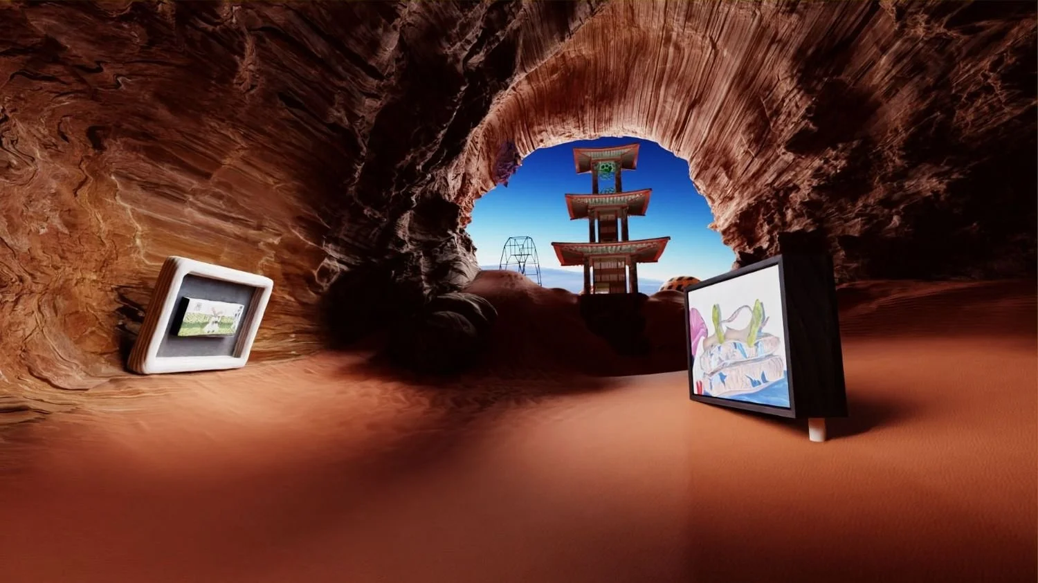 Virtual cave with digital paintings on framed screens and a multi-tiered pagoda in the background, seen through a natural rock arch.