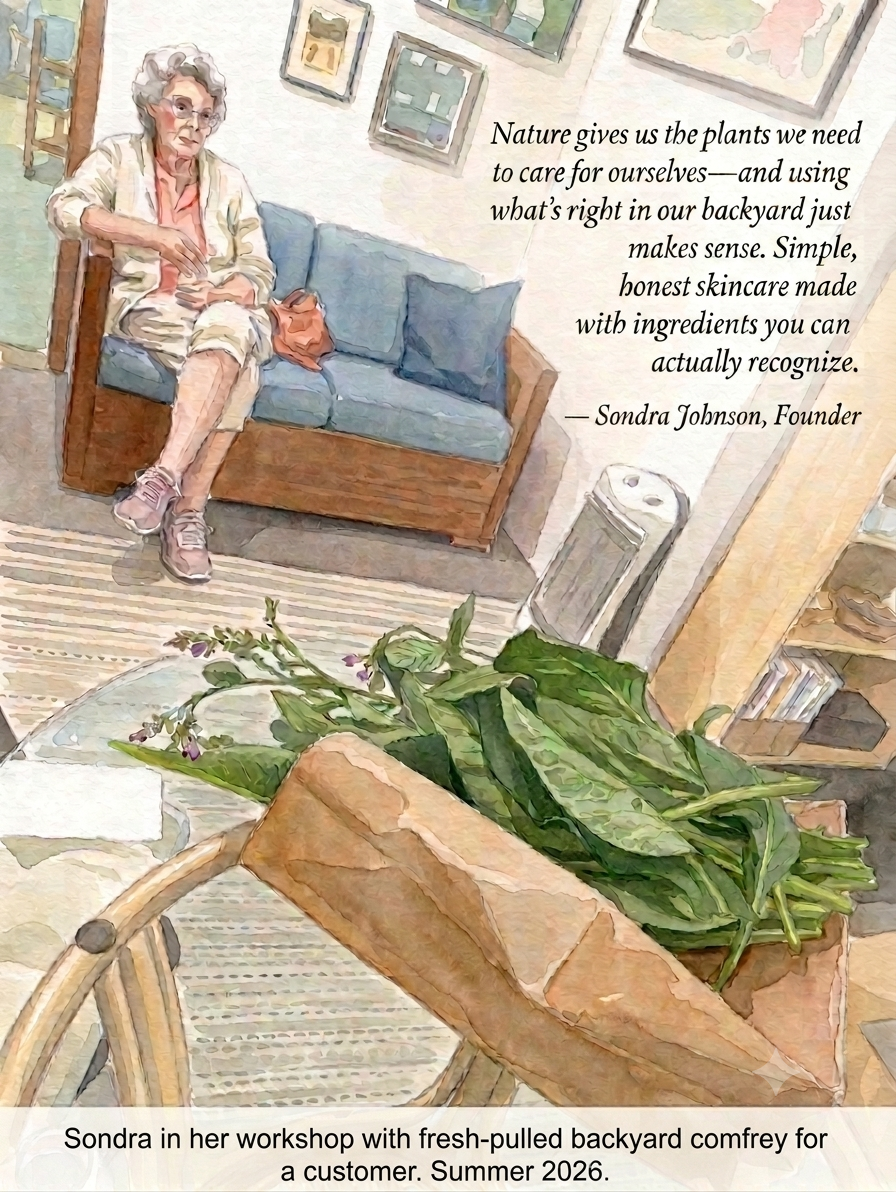 Sondra in her workshop with comfrey. 2026.