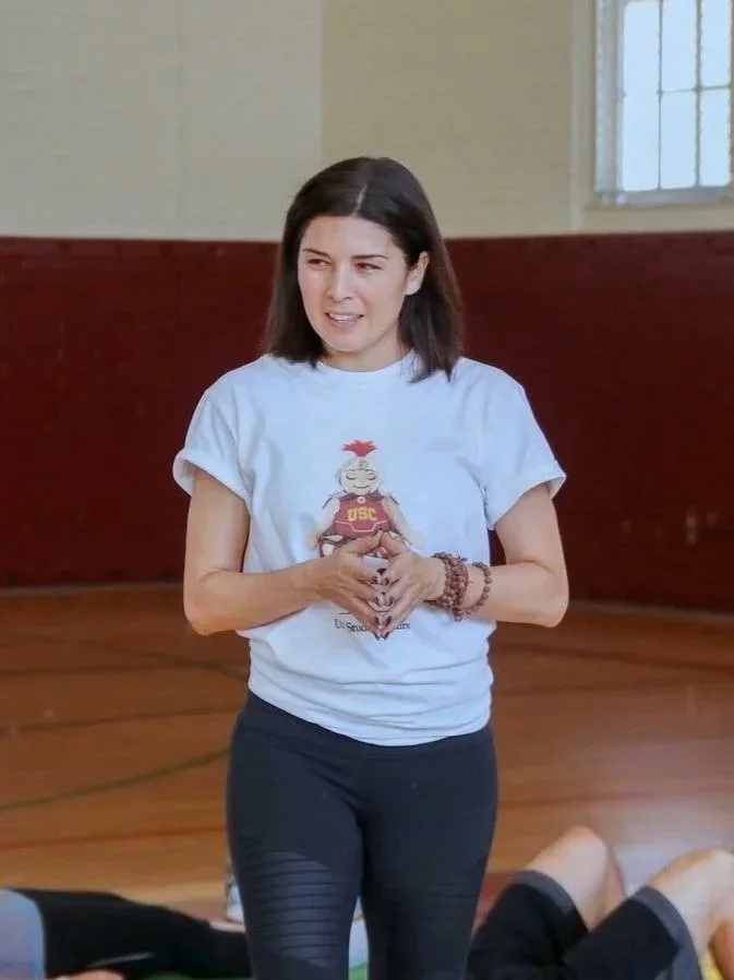 Paula Tapia, conducting a Yoga session on the first College Yoga Day at USC, Los Angeles, CA 2019.
(Photo by Wenqian Xie)