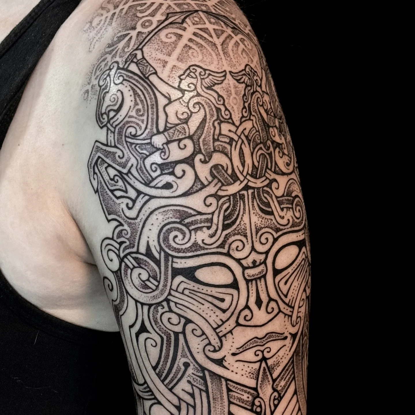 Started this Freya, nature, Valkyrie arm!  I’m so so excited! 
#freya #goddess #valkyrie #nordic #norse #viking #knotwork #runes #staves #tattoo #sleeve #freyasleeve #vikingsleeve #badass #warrior #pagan #nordictattoo #norsemythology #norsetat