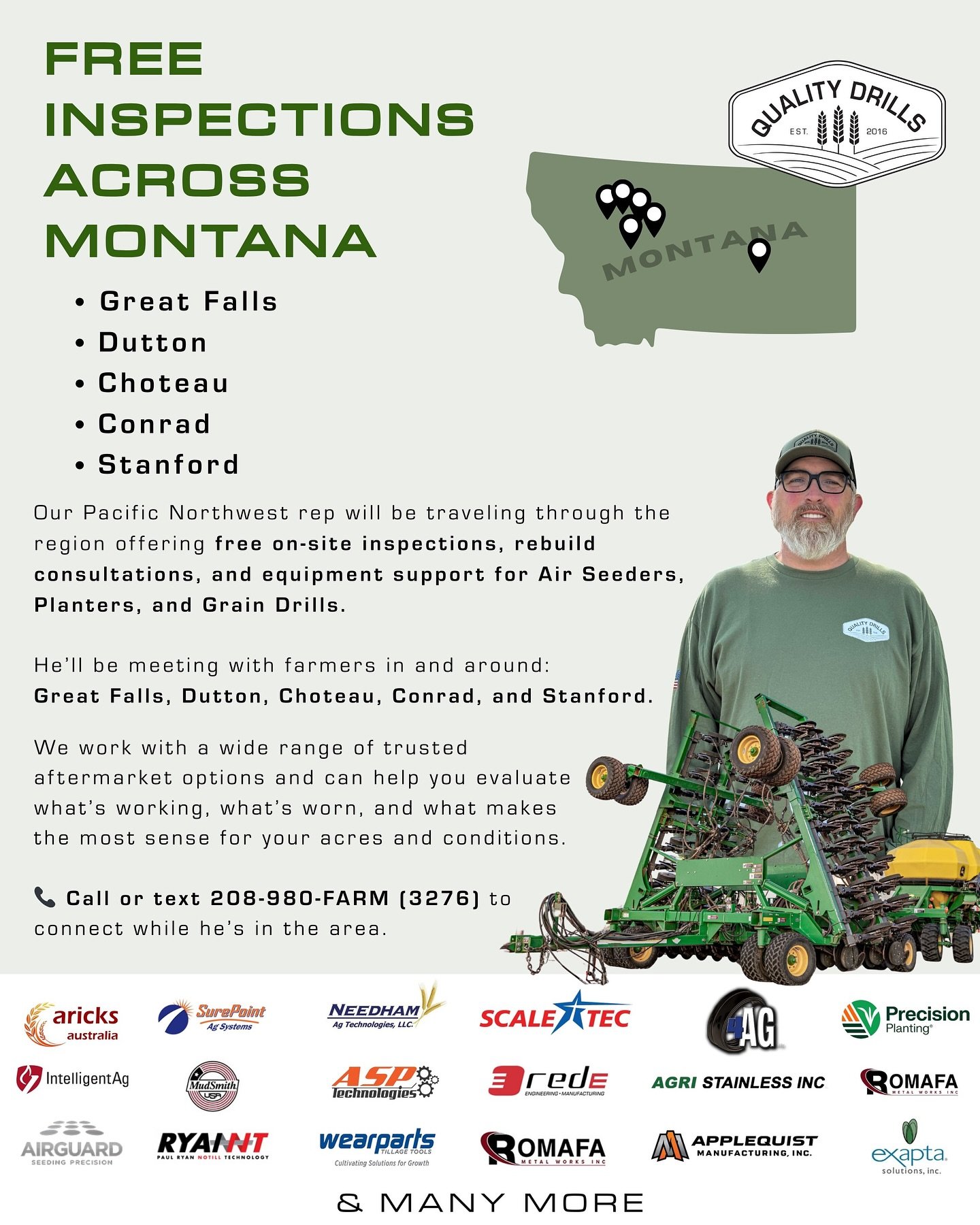 Josh with Quality Drills is heading through Montana offering free on-farm inspections for Air Seeders, Planters, and Grain Drills.  He&rsquo;ll be stopping around:

Great Falls, Dutton, Choteau, Conrad, Stanford and surrounding areas.

If you&rsquo;r