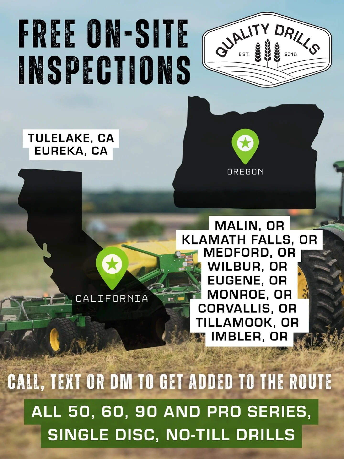 🚨 FREE ON-SITE INSPECTIONS STARTING TOMORROW 🚨
Josh is headed out &mdash; covering Northern #California into #Oregon to help farmers get ahead of seeding with free on-site drill inspections.

📍Route Schedule:
&bull; Malin, OR
&bull; Tulelake, CA
&