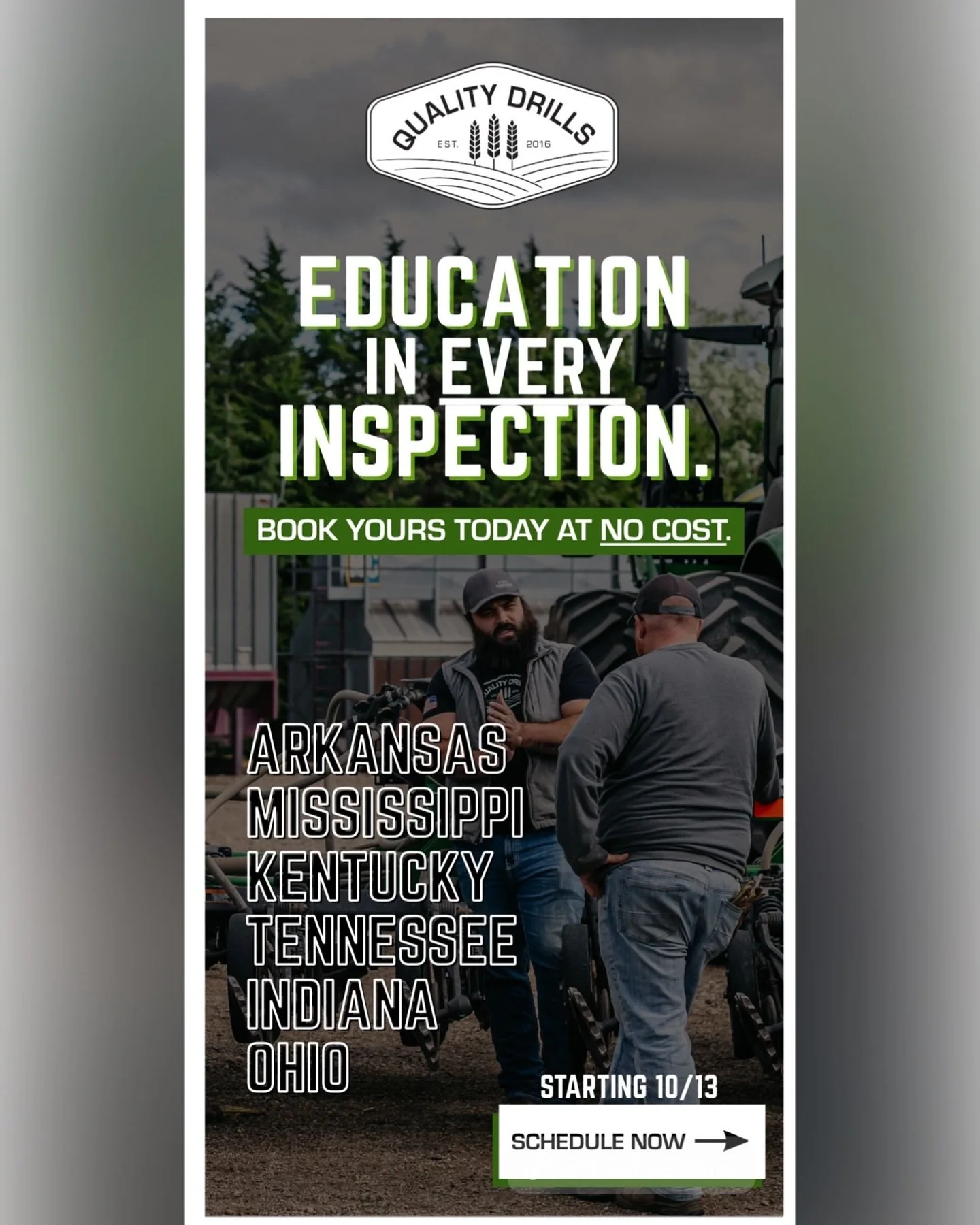 We believe there&rsquo;s education in every inspection.

Our team is on the road starting October 13, covering Arkansas, Mississippi, Kentucky, Tennessee, Indiana, and Ohio.

Every visit includes a detailed walkaround of your drill &mdash; what&rsquo